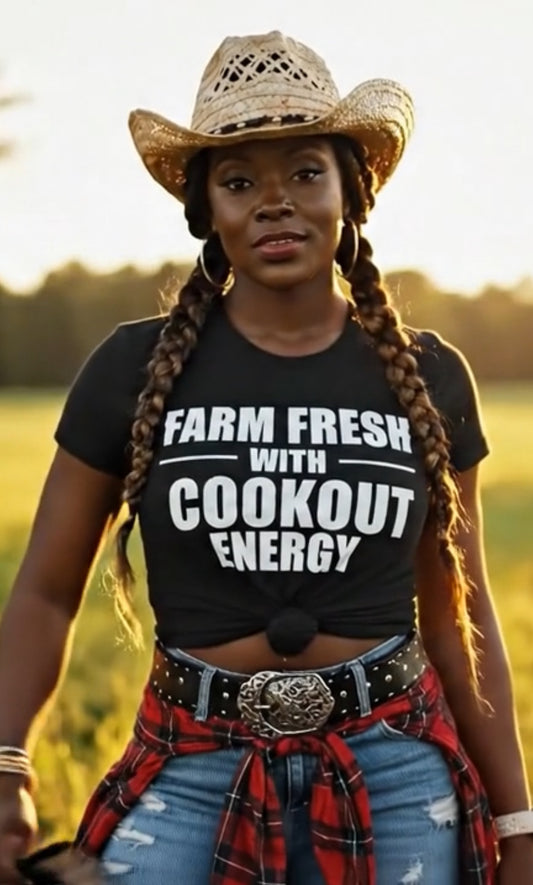 Farm Fresh With Cookout Energy T-Shirt | Growing For Good Farm | Black Graphic Tee